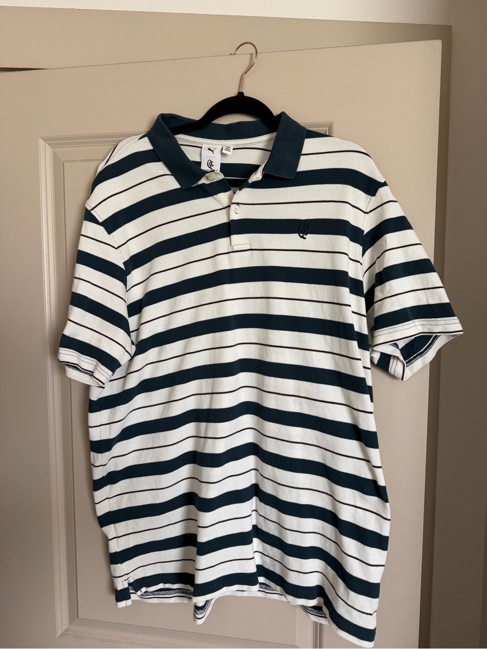Men's Puma Quiet Golf Striped Polo Shirt - White & Dark blue